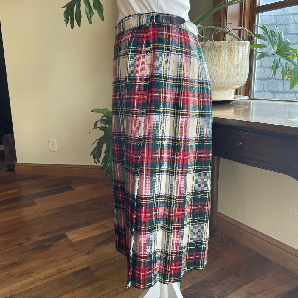 Vintage Deans of Scotland Red & Green Tartan Plaid True Wrap Pleated Midi Skirt - Picture 2 of 15